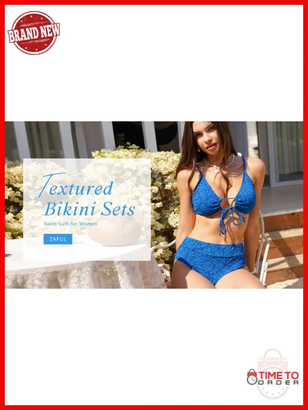 2 Piece High Waisted V Neck Cut Out Bikini Set Floral Textured Swimwear